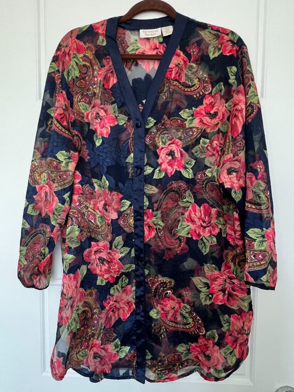 VTG 90s Victorias Secret Gold Label Sheer Satin Floral Night Shirt Size M L